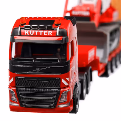 Volvo FH Gl 6x4 low boy ,macheta semitrailer cu bulldozer Kutter, scara 1:87, rosu cu alb si negru, Herpa