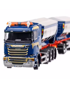 Scania R-Streamline 2009, macheta camion cu 3 axe si remorca cu 2 axe, scara 1:50, alb cu albastru, Tekno