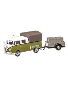 Macheta auto Volkswagen T2 Pick-up cu remorca 1962 verde cu alb 1:24