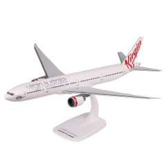 Macheta avion Boeing 777-300ER Virgin Australia 1:200 - vedere 3/4 stanga fata, pe suport