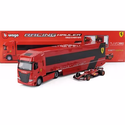 Set camion Iveco S-Way + Ferrari F1 SF-24 Leclerc Nr.16 Sezon 2024 – machete auto 1:43 Bburago
