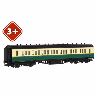Gordon’s Express Composite Coach – Vagon pasageri Bachmann 76034BE Thomas & Friends OO/HO - vedere 3/4 stanga fata
