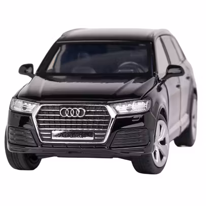 Macheta Audi Q7 albastru metalizat scuba blue 1:32 Tayumo - vedere 3/4 stanga fata usi, capota si portbagaj deschise