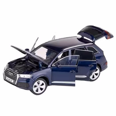 Macheta Audi Q7 albastru metalizat scuba blue 1:32 Tayumo - vedere 3/4 stanga fata usi, capota si portbagaj deschise