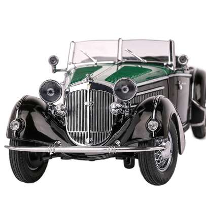 Machetă Horch 855 Roadster 1939 negru cu verde, scara 1:18 – SunStar diecast mașină de epocă - vedere din fata close up