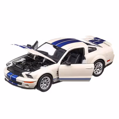 Macheta Shelby Cobra GT500 2007 Alb cu Dungi Albe 1:24 Welly - vedere 3/4 stanga fata cu usi si capota deschise