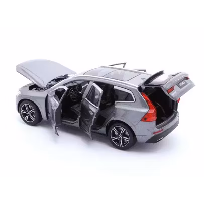Macheta Volvo XC60 2020 gri, 1:32 Tayumo cu 6 uși, suspensie și direcție - vedere 3/4 stanga spate cu usi, capota si hayon deschise