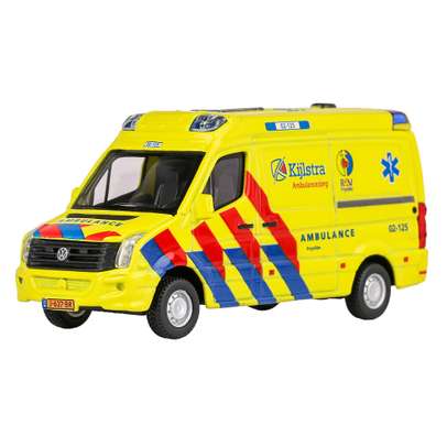 Macheta autospeciala Volkswagen Crafter Ambulance galben cu rosu 1:50 Bburago