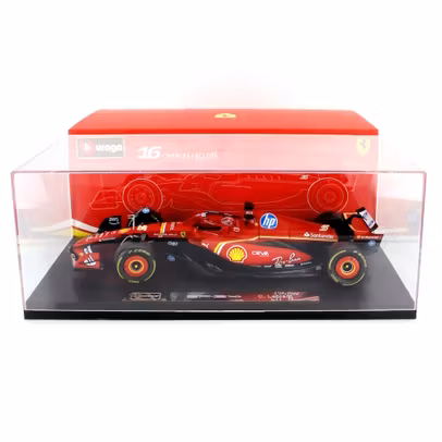 Macheta Ferrari SF-24 Leclerc No.16 Imola GP 2024 scara 1:18 Bburago cu vitrina, roșu și negru - vedere din lateral in vitrina