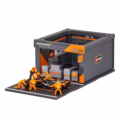 Macheta McLaren F1 MCL38 Diorama Pit Stop Lando Norris Nr.4 Sezon 2024 1:43 – cu echipaj si accesorii – Bburago