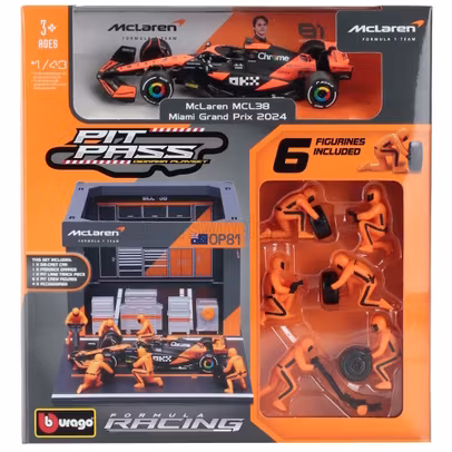 Macheta McLaren F1 MCL38 Diorama Pit Stop Oscar Piastri Nr.81 Sezon 2024 1:43 – cu echipaj si accesorii – Bburago
