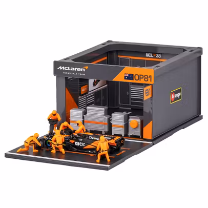 Macheta McLaren F1 MCL38 Diorama Pit Stop Oscar Piastri Nr.81 Sezon 2024 1:43 – cu echipaj si accesorii – Bburago