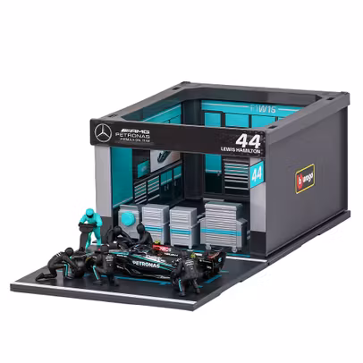 Macheta Mercedes F1 W15 Diorama Pit Stop Lewis Hamilton Nr.44 Sezon 2024 1:43 – cu echipaj si accesorii – Bburago