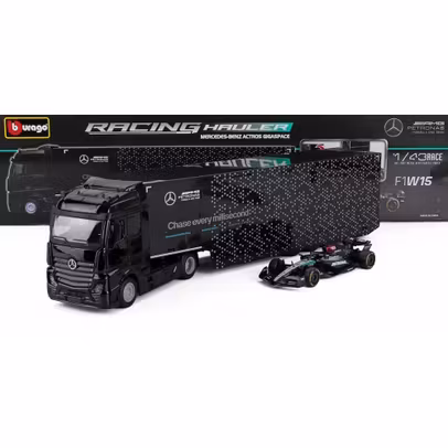 Macheta Mercedes Actros 2 GigaSpace Transporter cu F1 W15 N63 1:43 Bburago