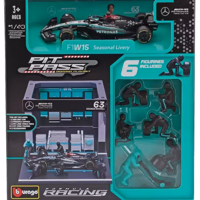 Macheta Mercedes F1 W14 EQ Diorama Pit-Stop Team AMG 2023 George Russell 1:43 Bburago