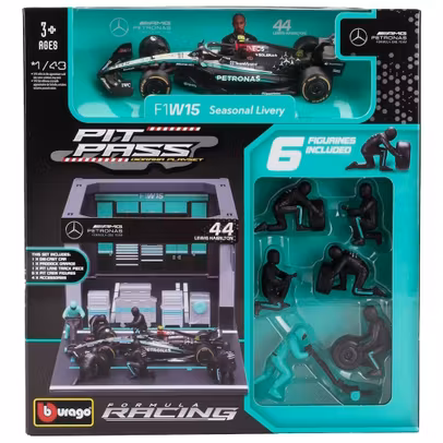 Macheta Mercedes F1 W15 Diorama Pit Stop Lewis Hamilton Nr.44 Sezon 2024 1:43 – cu echipaj si accesorii – Bburago
