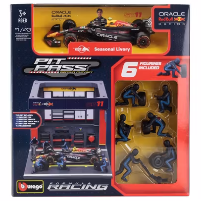 Macheta Red Bull F1 RB20 Diorama Pit Stop Sergio Perez Nr.11 Sezon 2024 1:43 – cu echipaj si accesorii – Bburago
