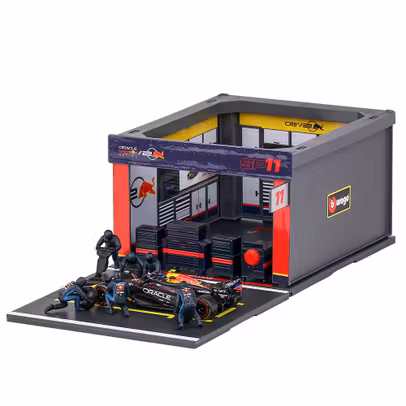 Macheta Red Bull F1 RB20 Diorama Pit Stop Sergio Perez Nr.11 Sezon 2024 1:43 – cu echipaj si accesorii – Bburago