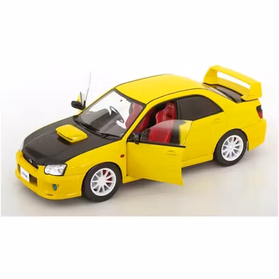 Macheta Subaru Impreza WRX Sti Works 2003 galben 1:18 Solido - vedere 3/4 stanga fata usi deschise