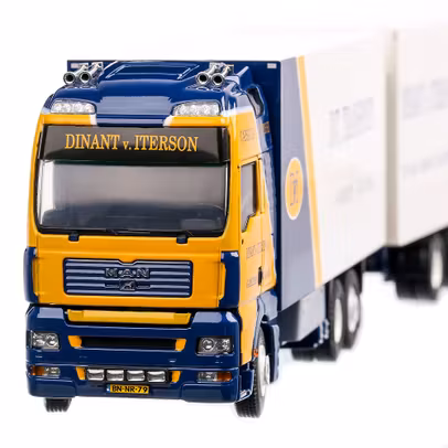 MAN TGA XXL 2008, macheta camion cu remorca, scara 1:50, albastru cu galben si alb, Tekno