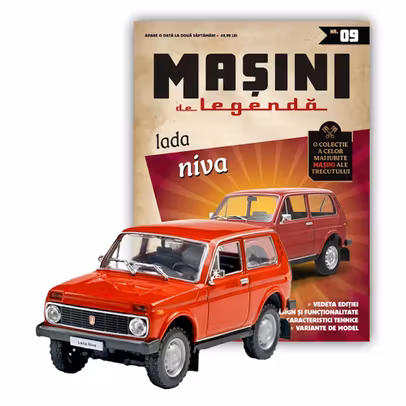 Macheta Lada Niva rosie scara 1:43 din colectia Masini de Legenda Nr.9 – DeAgostini - revista si macheta vedere 3/4 stanga fata

