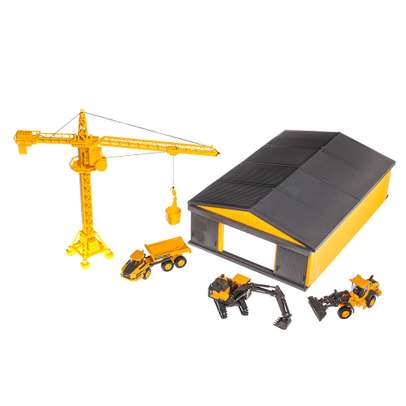 Set constructii Volvo cu hala, macara, basculanta, excavator si incarcator greu