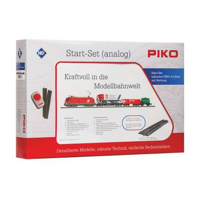 Set tren electric HO PIKO 57177 Taurus OBB cu 3 vagoane marfa si sine cu terasament - ambalaj original