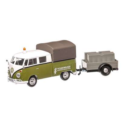 Volkswagen T2 Pick-up cu remorca 1962, macheta auto, scara 1:24, verde cu alb, Motor Max